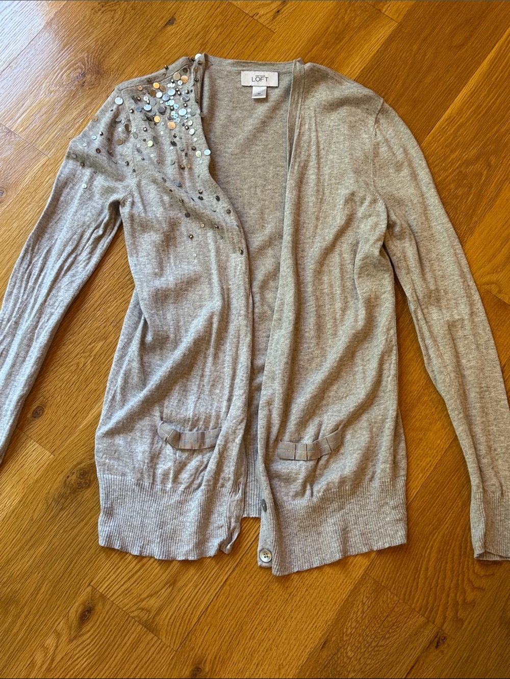 LOFT Neutral grey Embellished Open-Front Cardigan medium